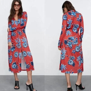 NWT Zara Midi Shirt Dress Red Blue Floral Long Sleeve Size Small